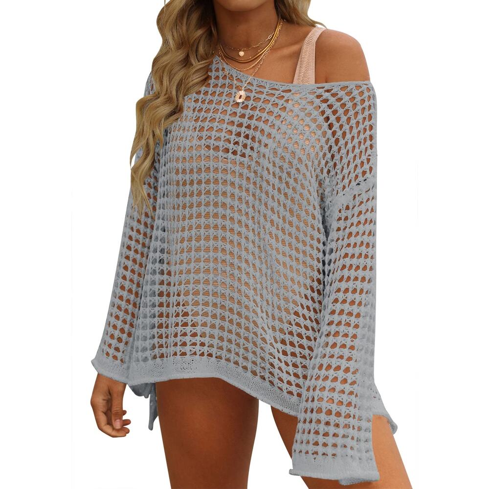 New Small Mesh Crochet Long Sleeve Swimsuit Mesh Cover Up Tunic Top
